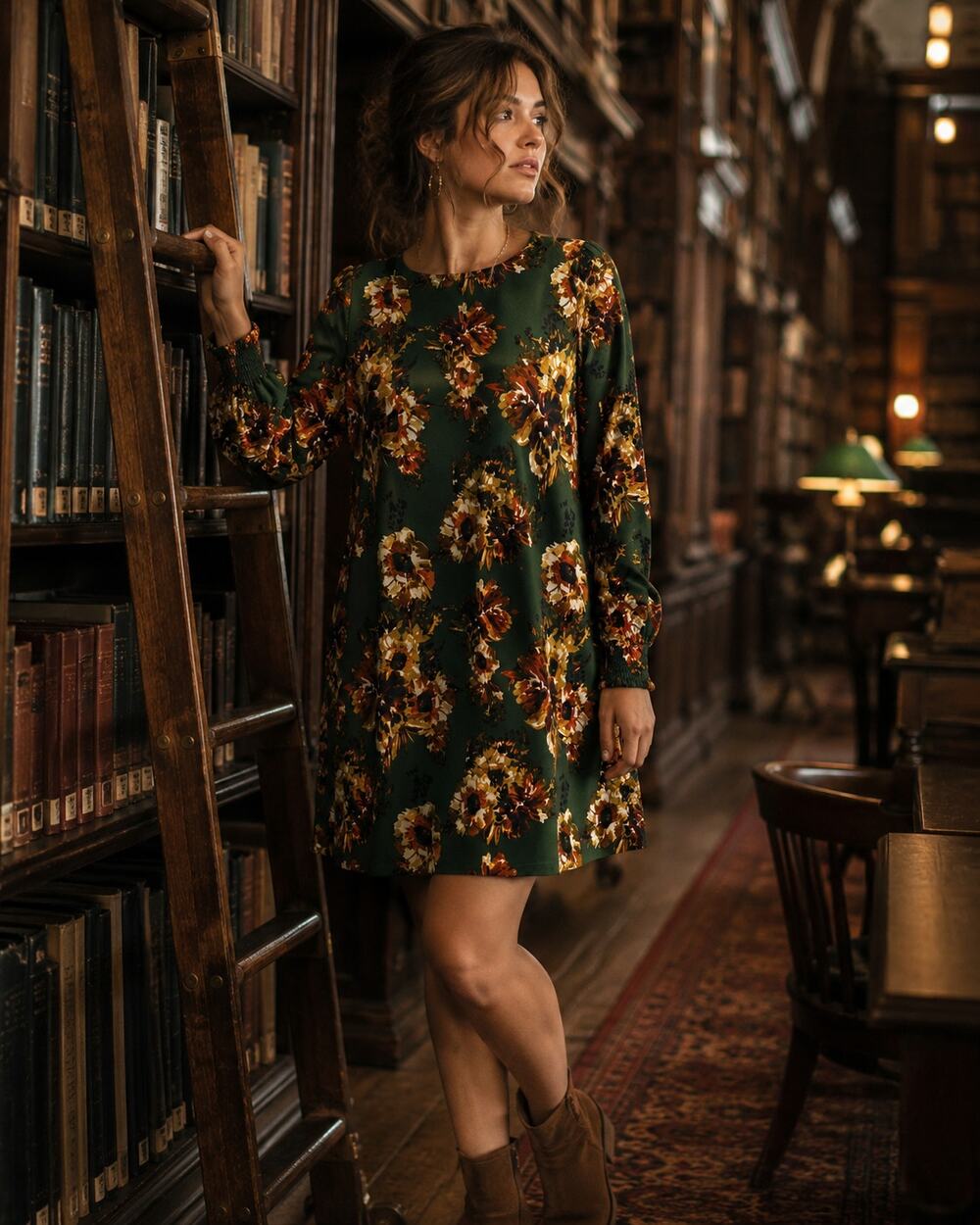 R&K Size 10 Green Floral Long Sleeve Fall Boho Shift Dress